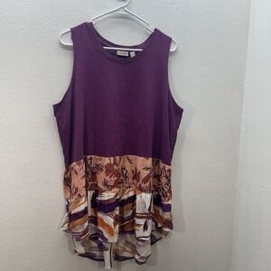 LOGO by Lori Goldstein Top XL Purple Floral Tiered Hem Stretch Sleeveless Tank